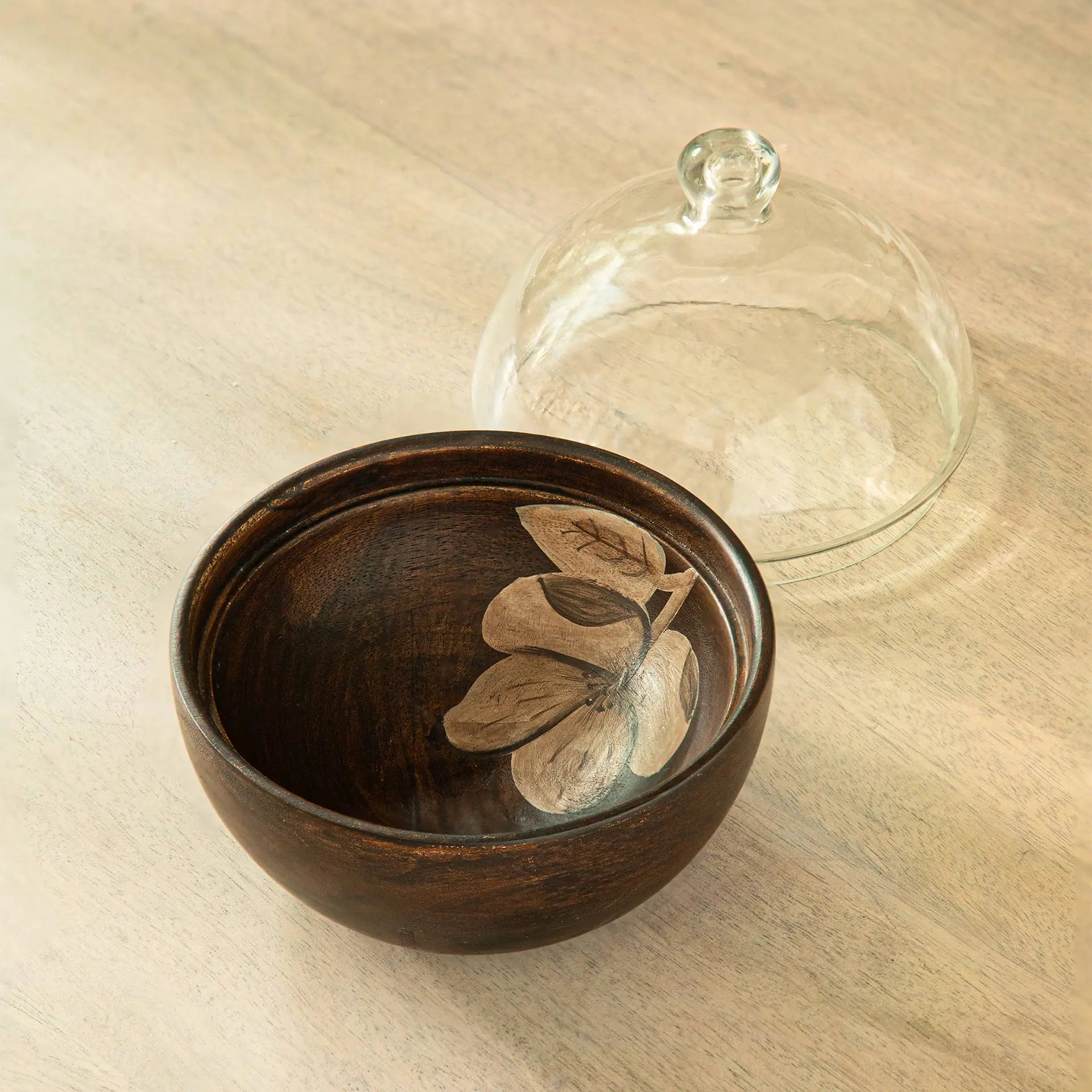 Glass Cloche with Wooden Bowl