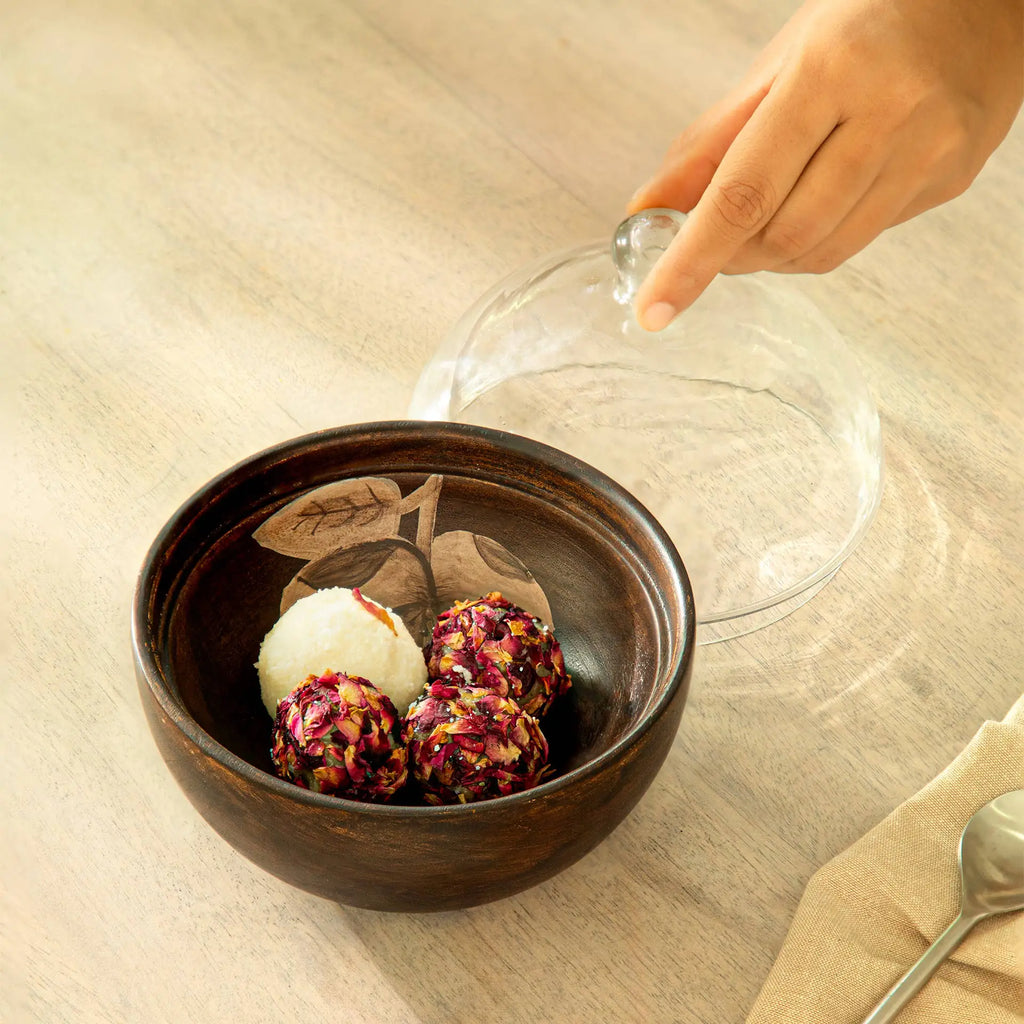 Glass Cloche with Wooden Bowl
