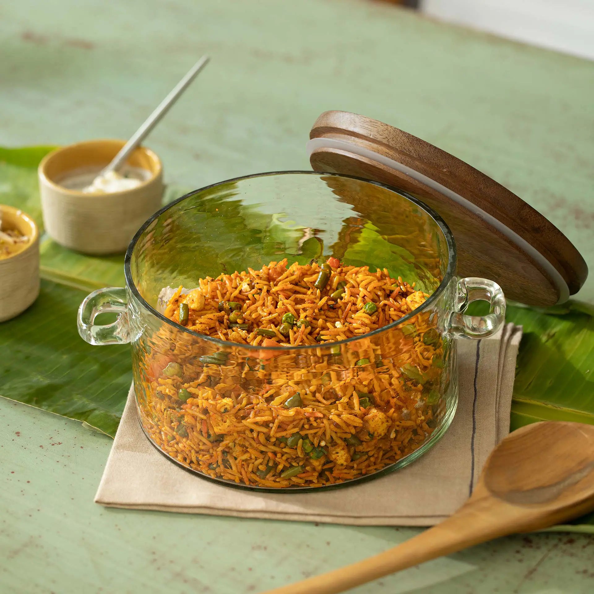 Glass Biryani Handi with Wooden Lid