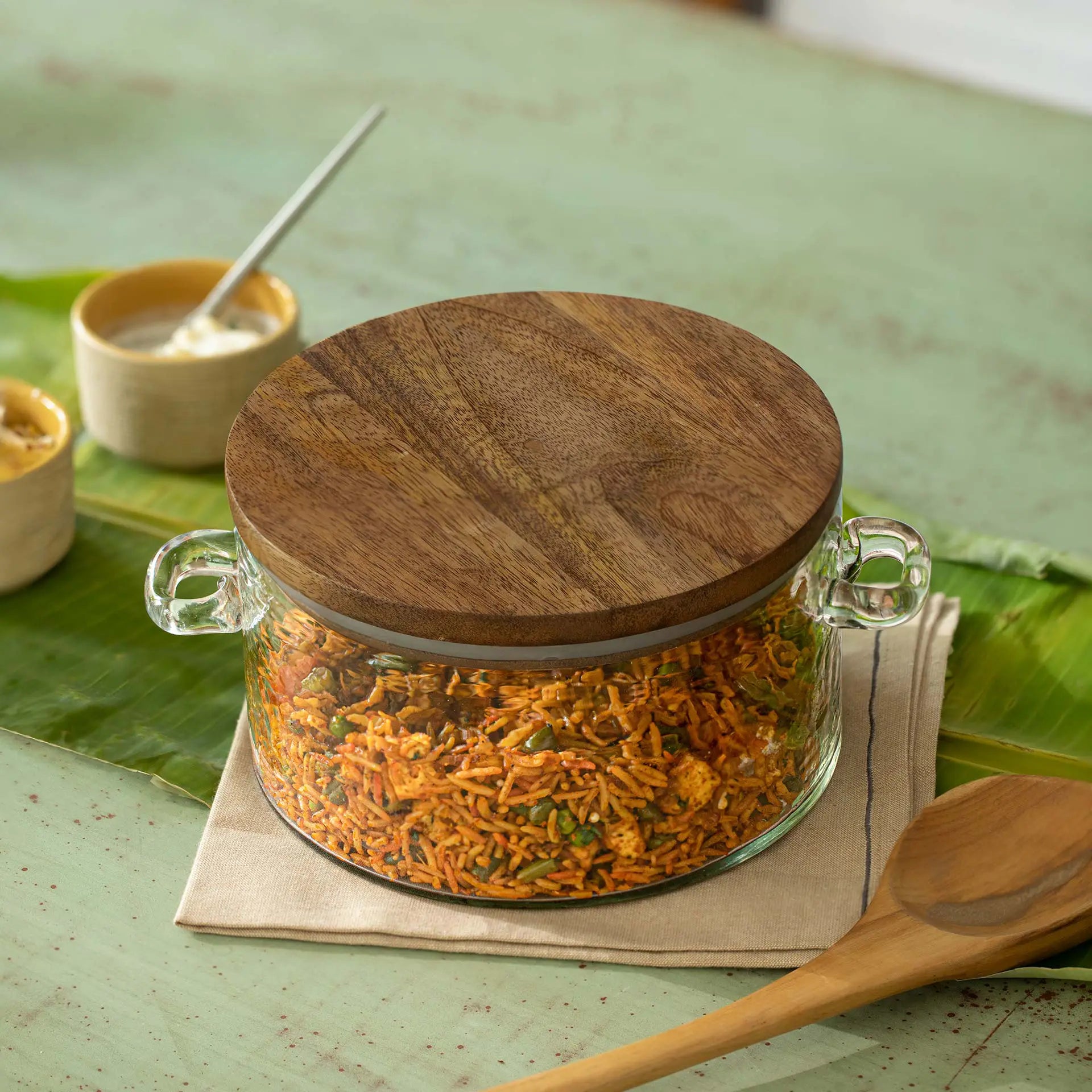 Glass Biryani Handi with Wooden Lid