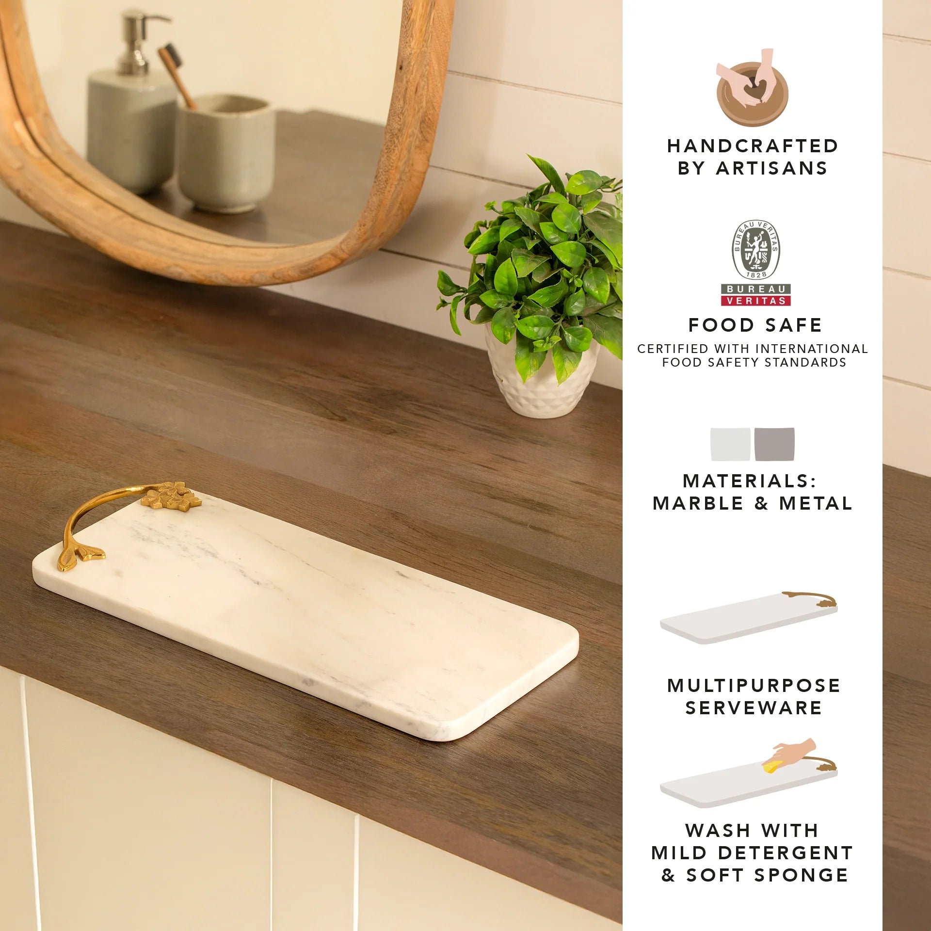 Marble & Brass Handle Serving Platter