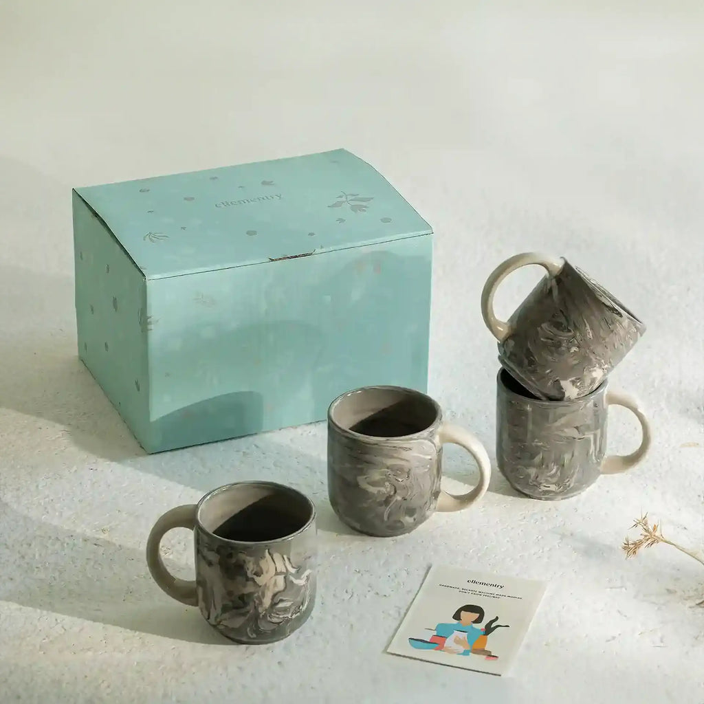 Marbled Ceramic Mug Set of 4 with Ceramic Lid