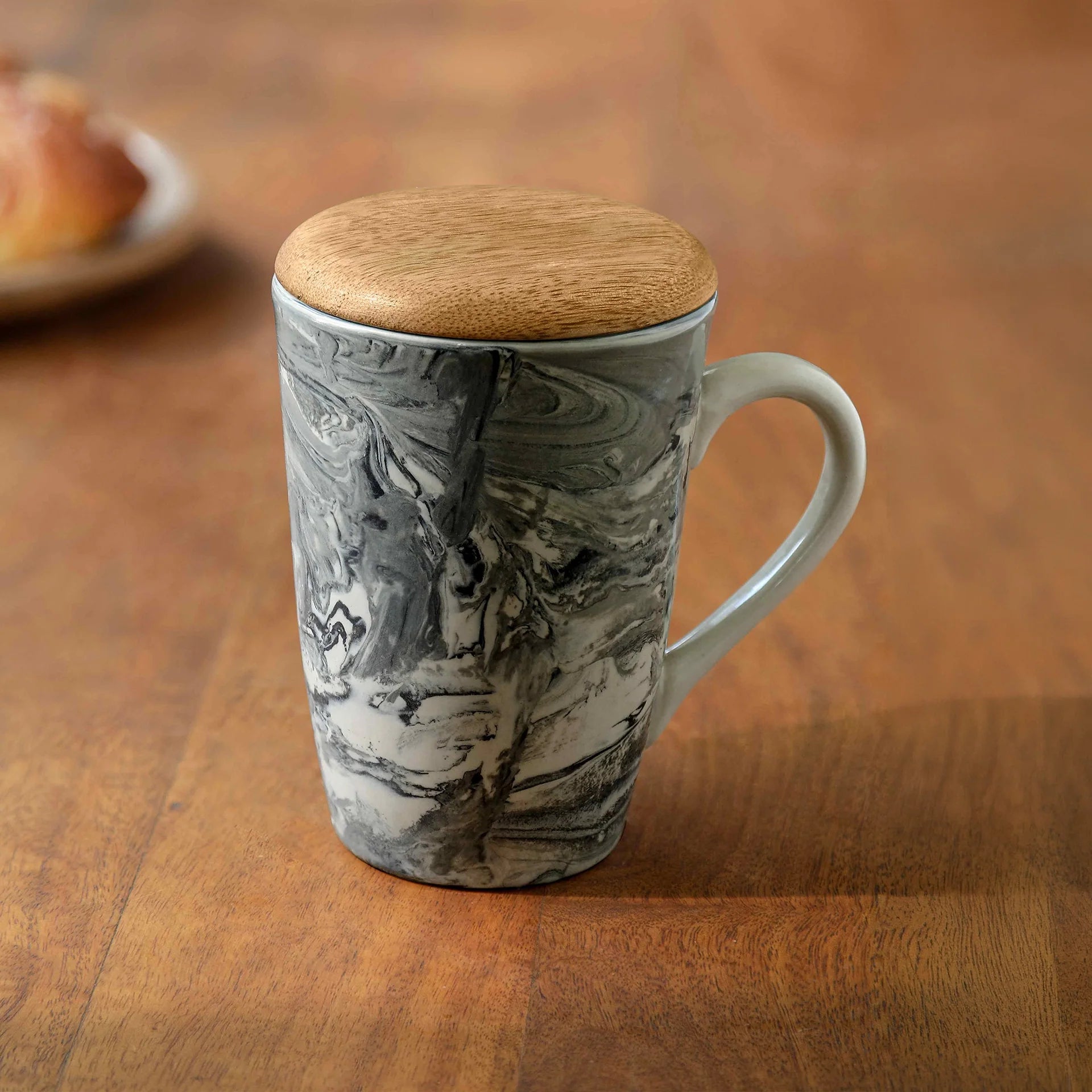 Marbled Ceramic Tall Coffee Mug with Wooden Lid