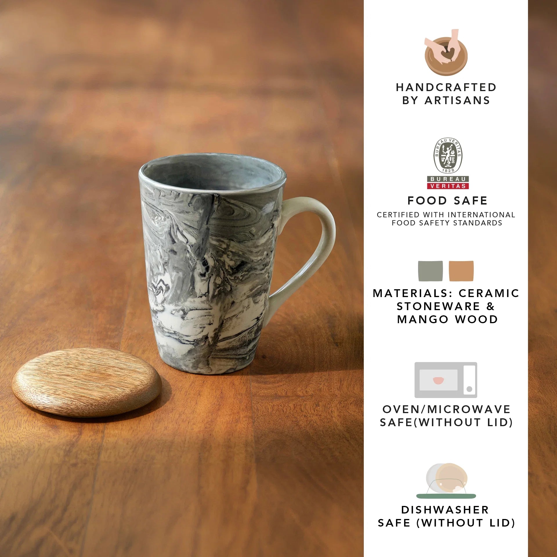 Marbled Ceramic Tall Coffee Mug with Wooden Lid