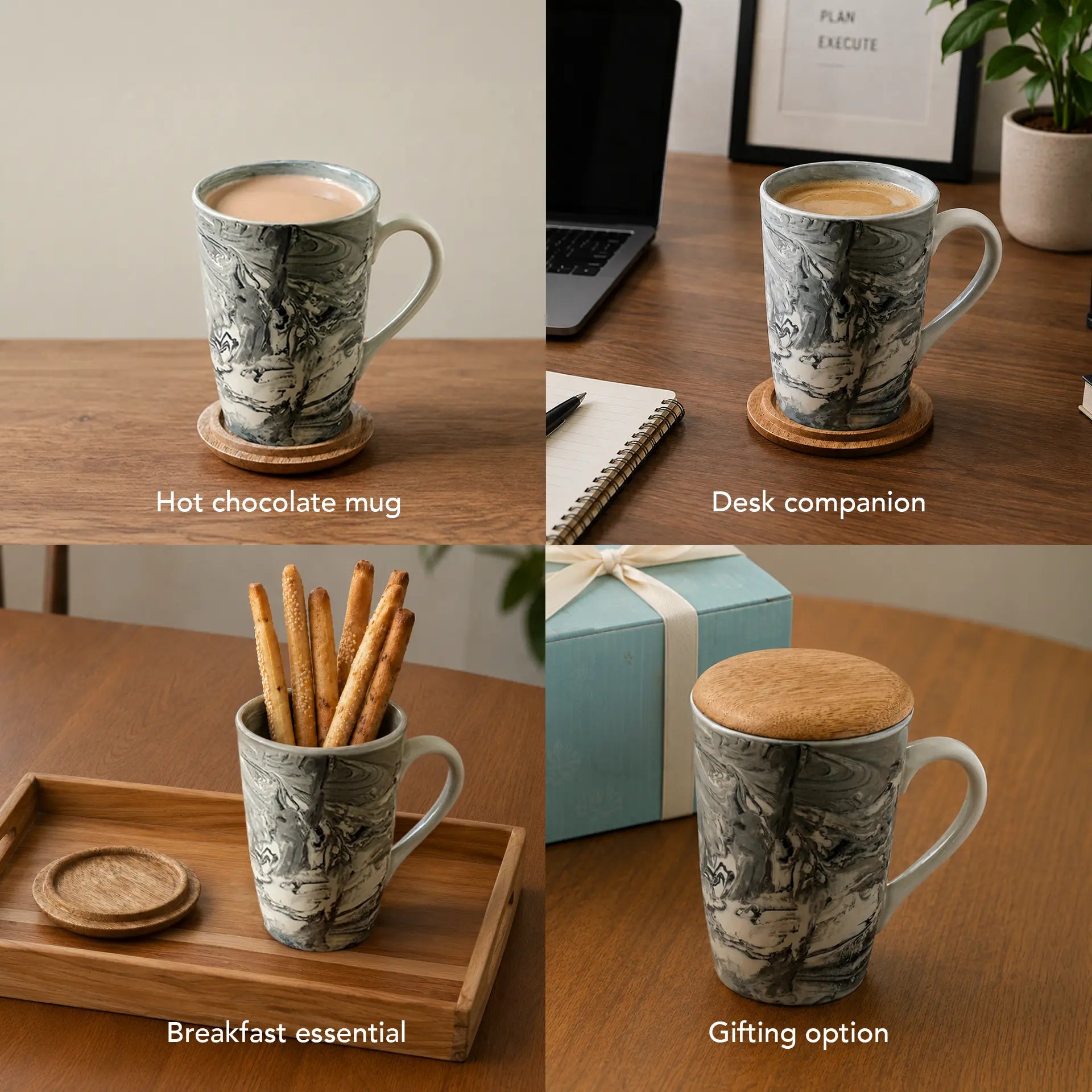 Marbled Ceramic Tall Coffee Mug with Wooden Lid