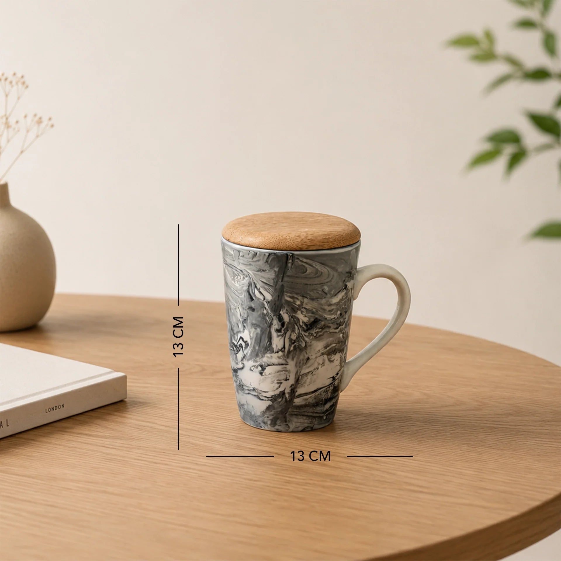 Marbled Ceramic Tall Coffee Mug with Wooden Lid