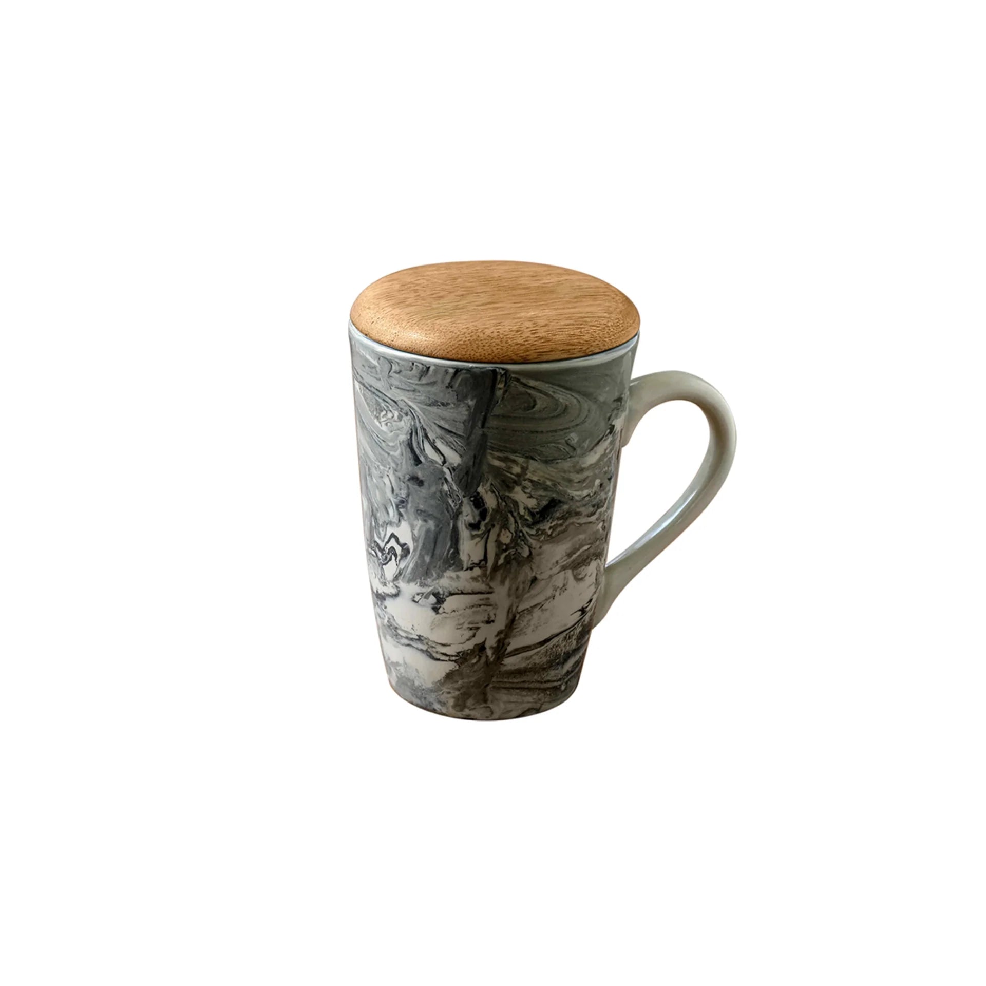 Marbled Ceramic Tall Coffee Mug with Wooden Lid