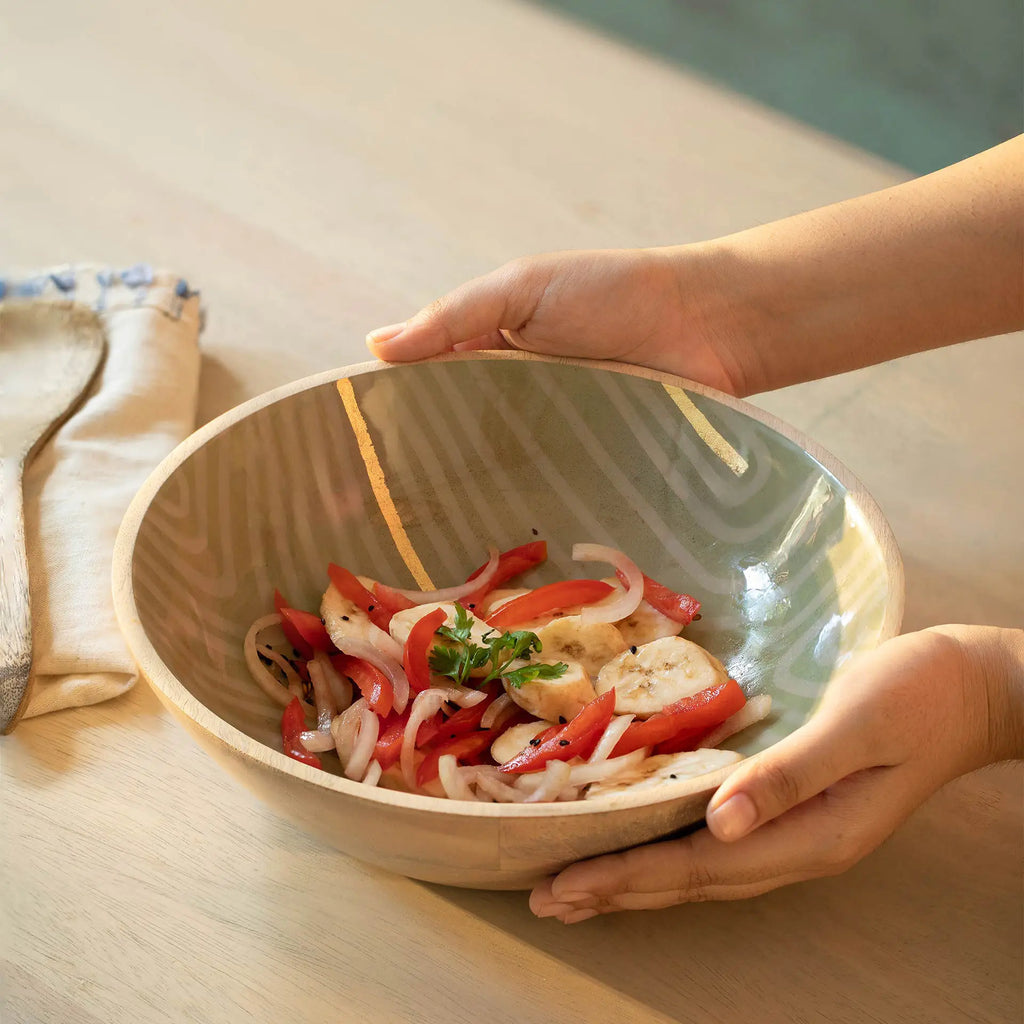Striped Enamel Wooden Bowl - Small