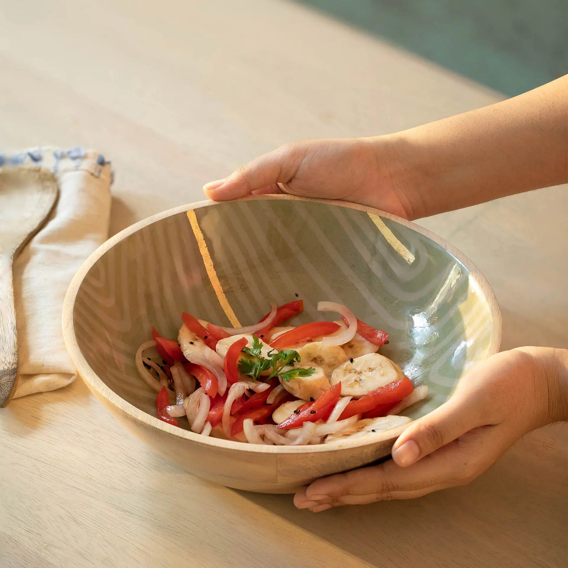 Striped Enamel Wooden Bowl - Small