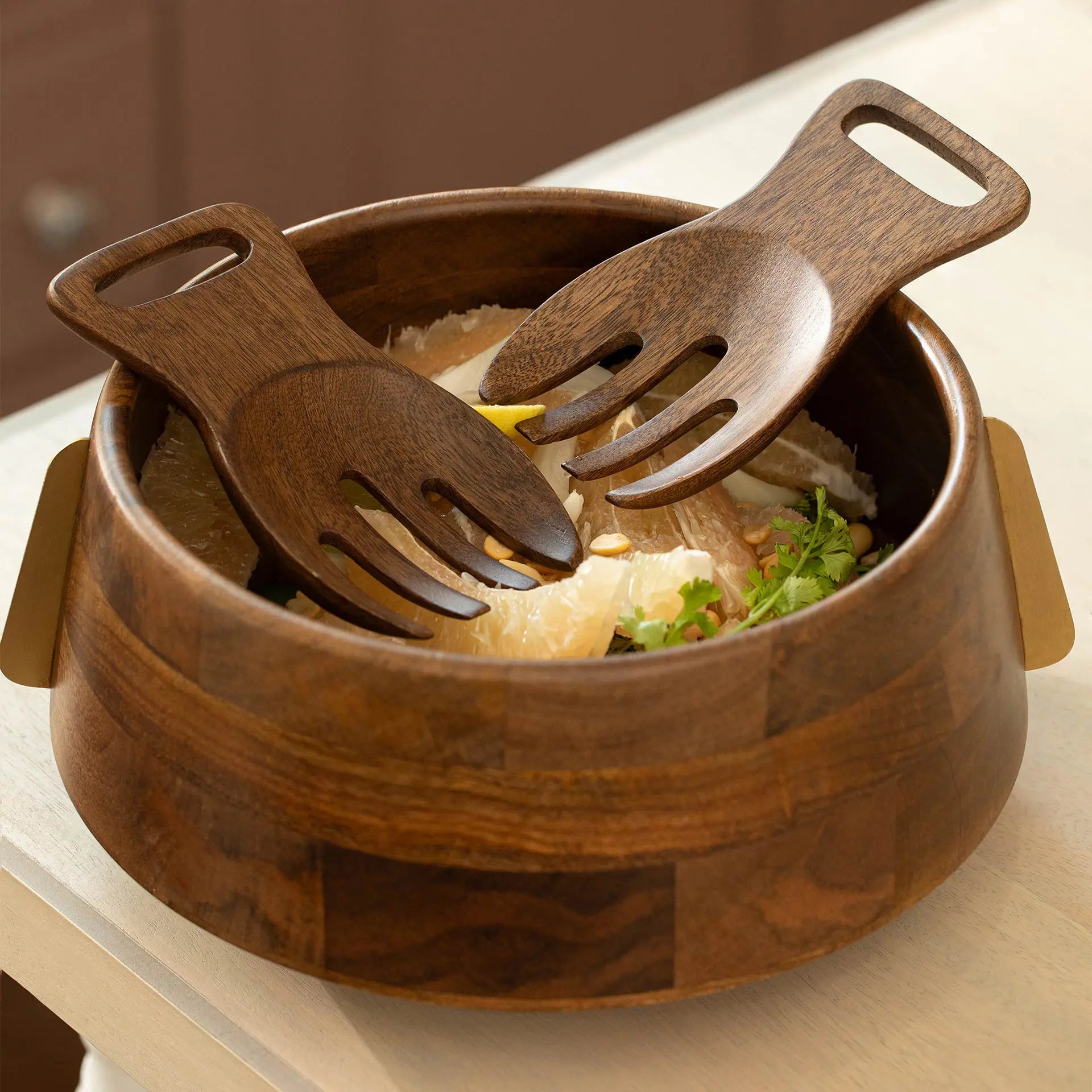 Wood & Brass Salad Bowl and Server Set