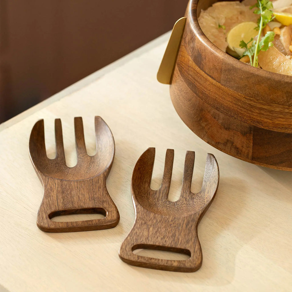 Wood & Brass Salad Bowl and Server Set