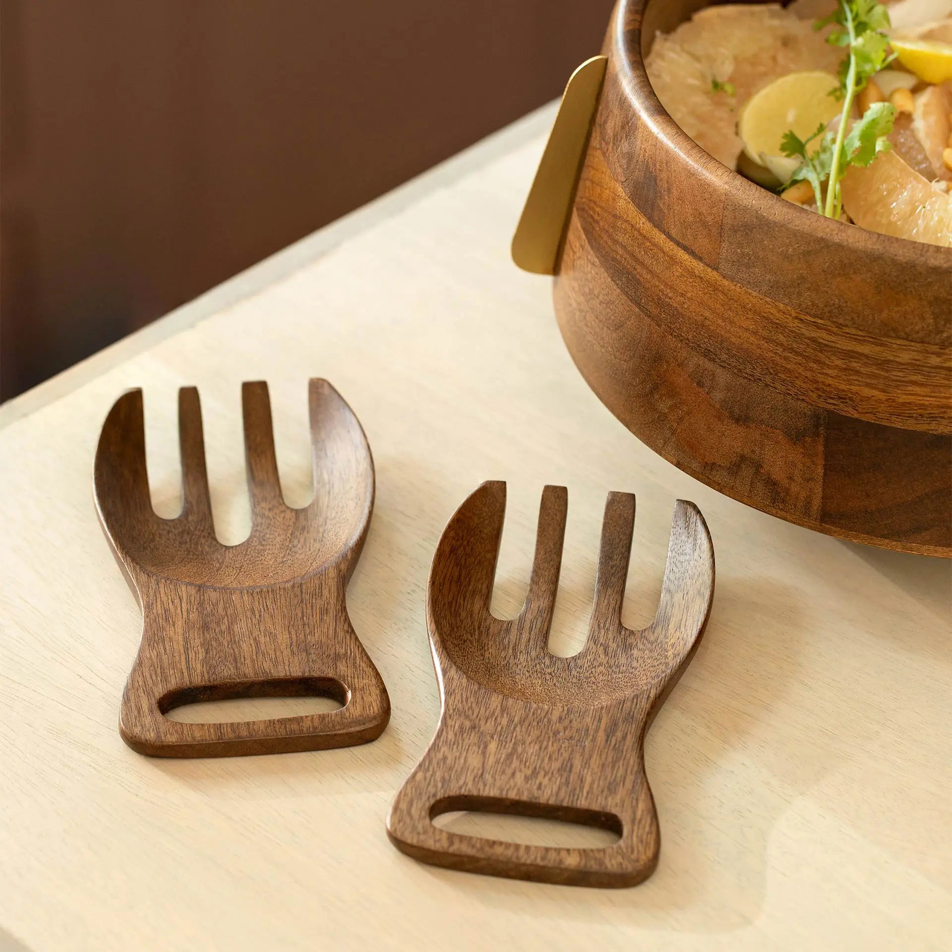 Wood & Brass Salad Bowl and Server Set