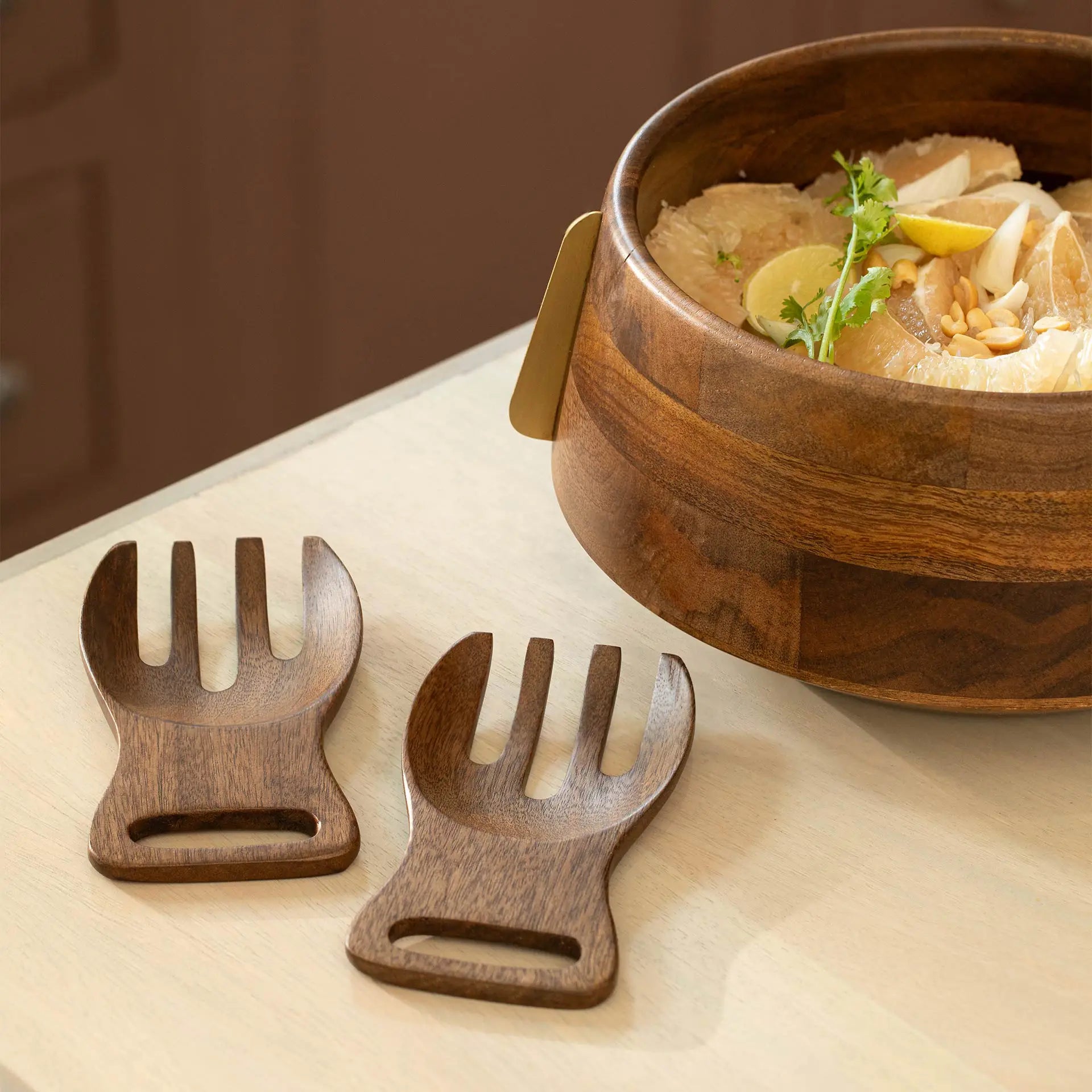 Wood & Brass Salad Bowl and Server Set