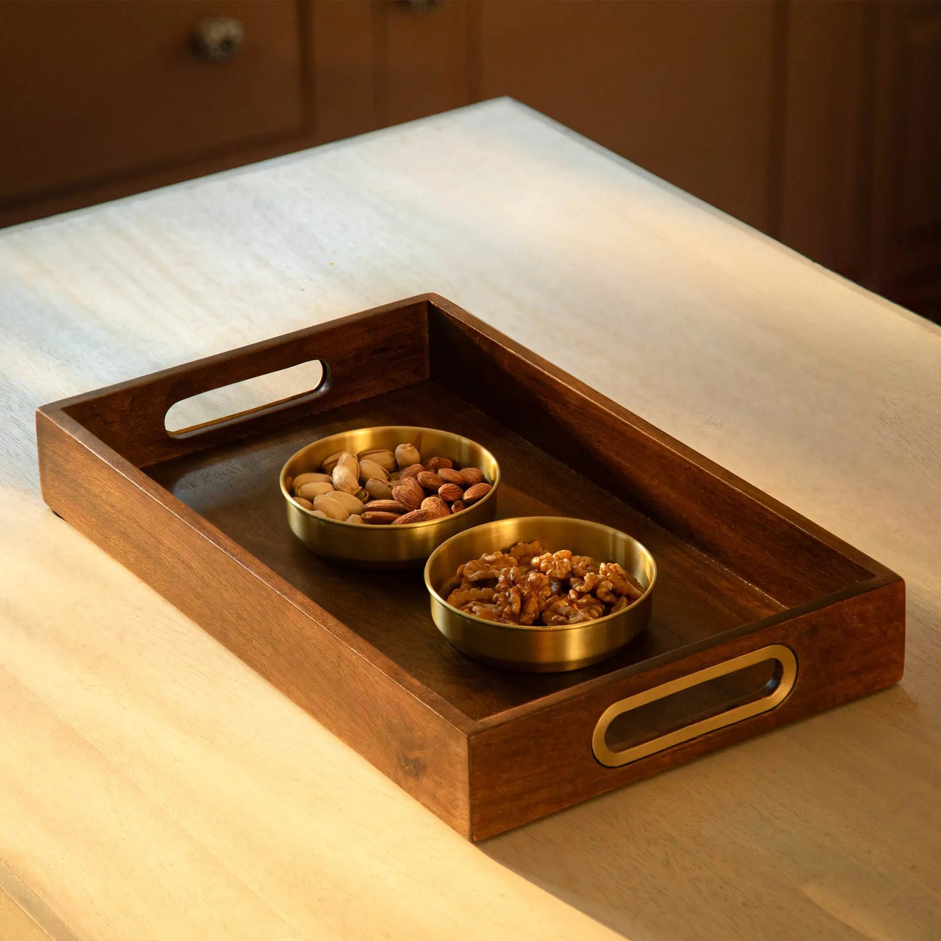 Wood & Brass Serving Tray - Small