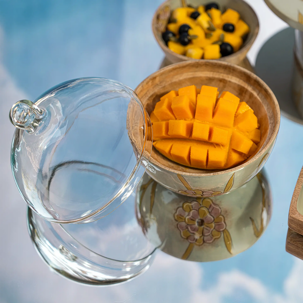 Handpainted Wooden Bowl with Glass Cloche