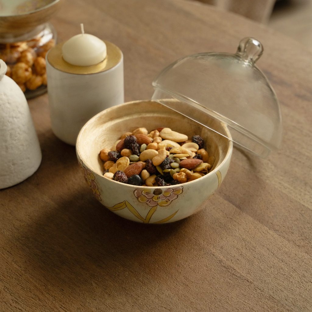 Handpainted Wooden Bowl with Glass Cloche