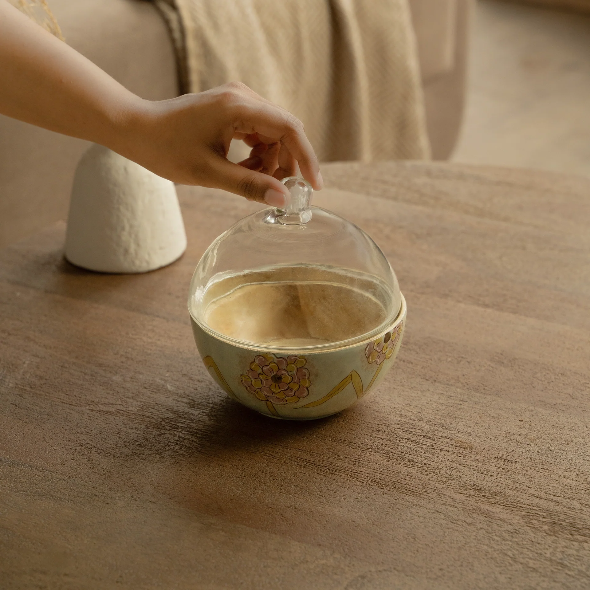 Handpainted Wooden Bowl with Glass Cloche