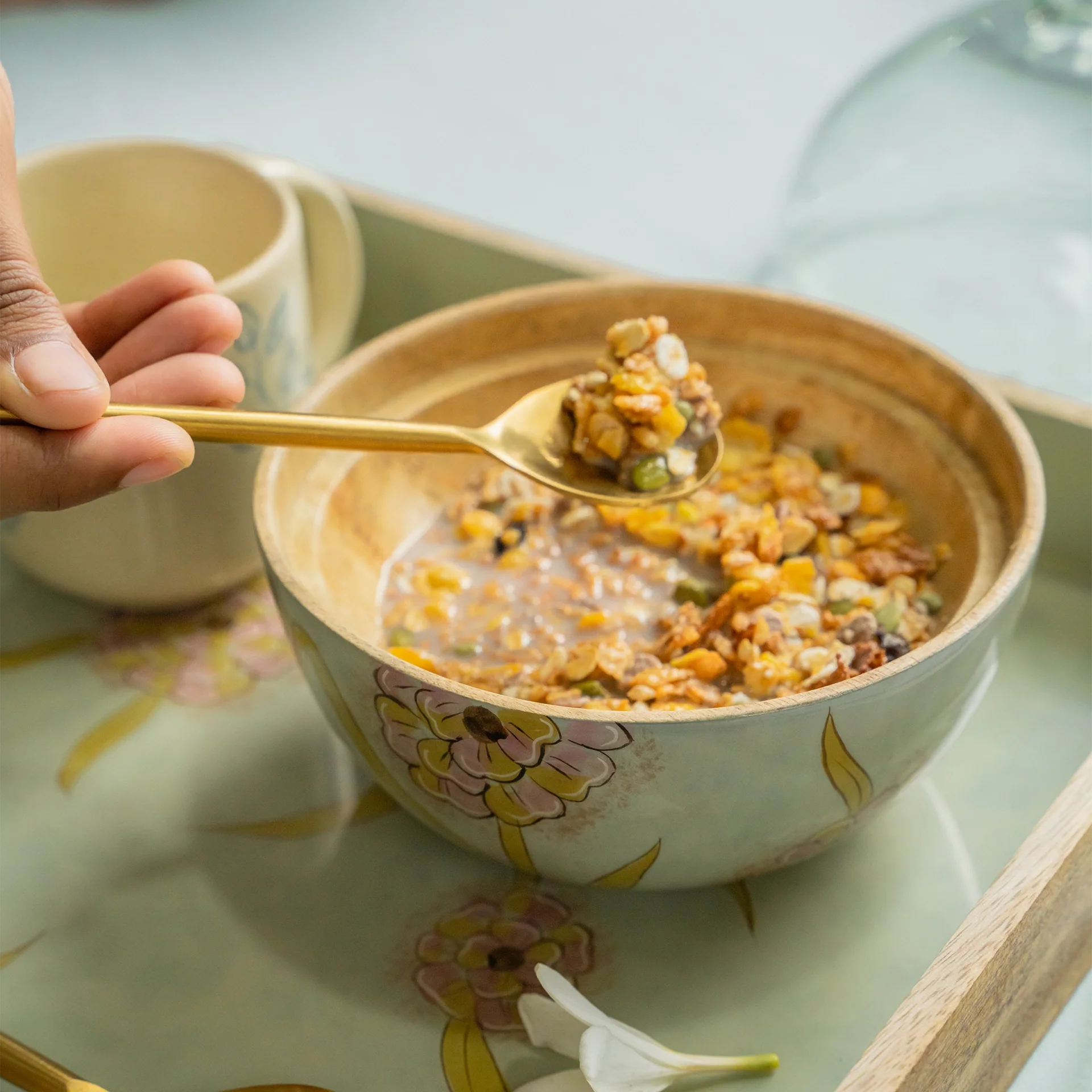 Handpainted Wooden Bowl with Glass Cloche