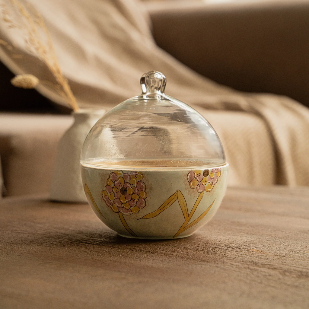 Handpainted Wooden Bowl with Glass Cloche