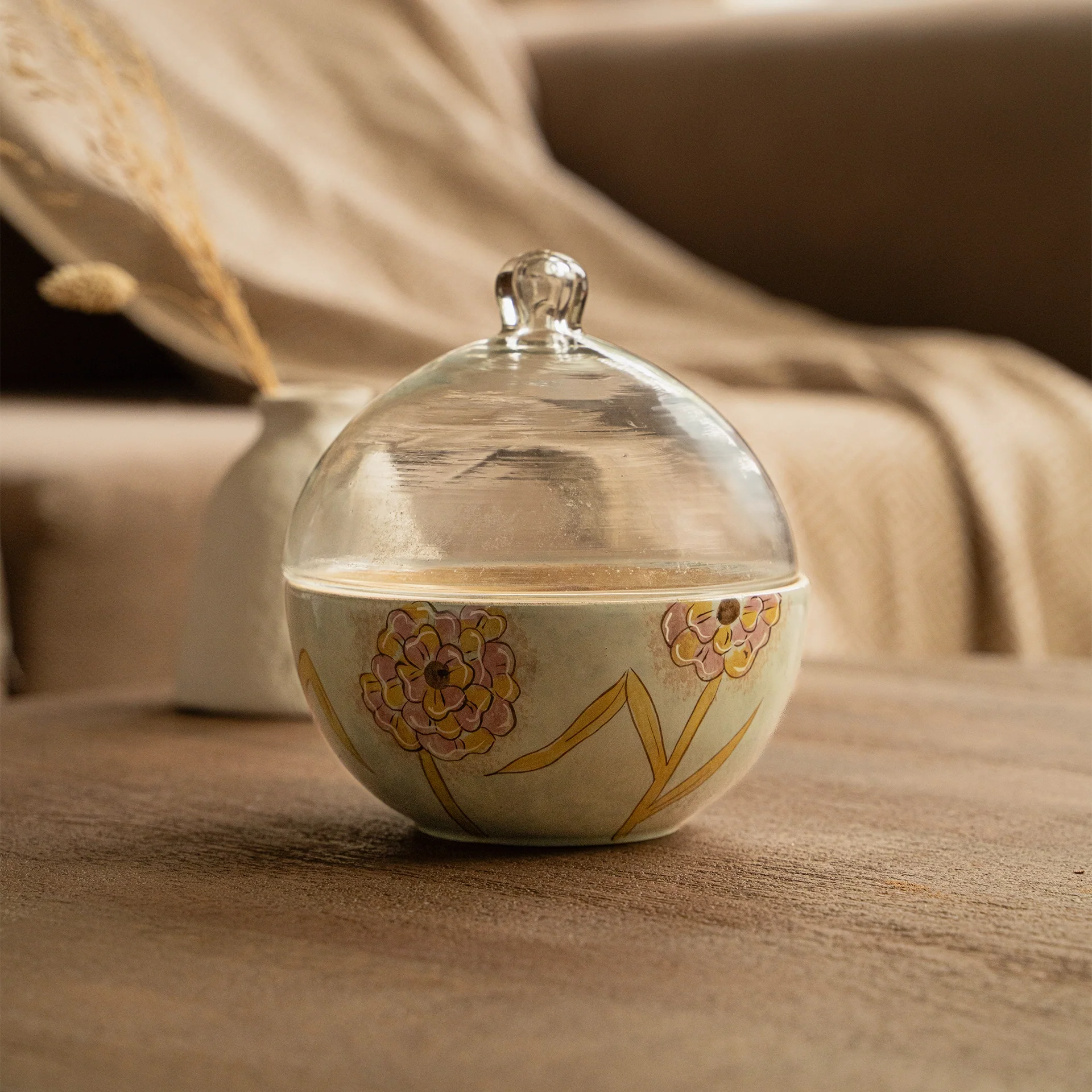 Handpainted Wooden Bowl with Glass Cloche