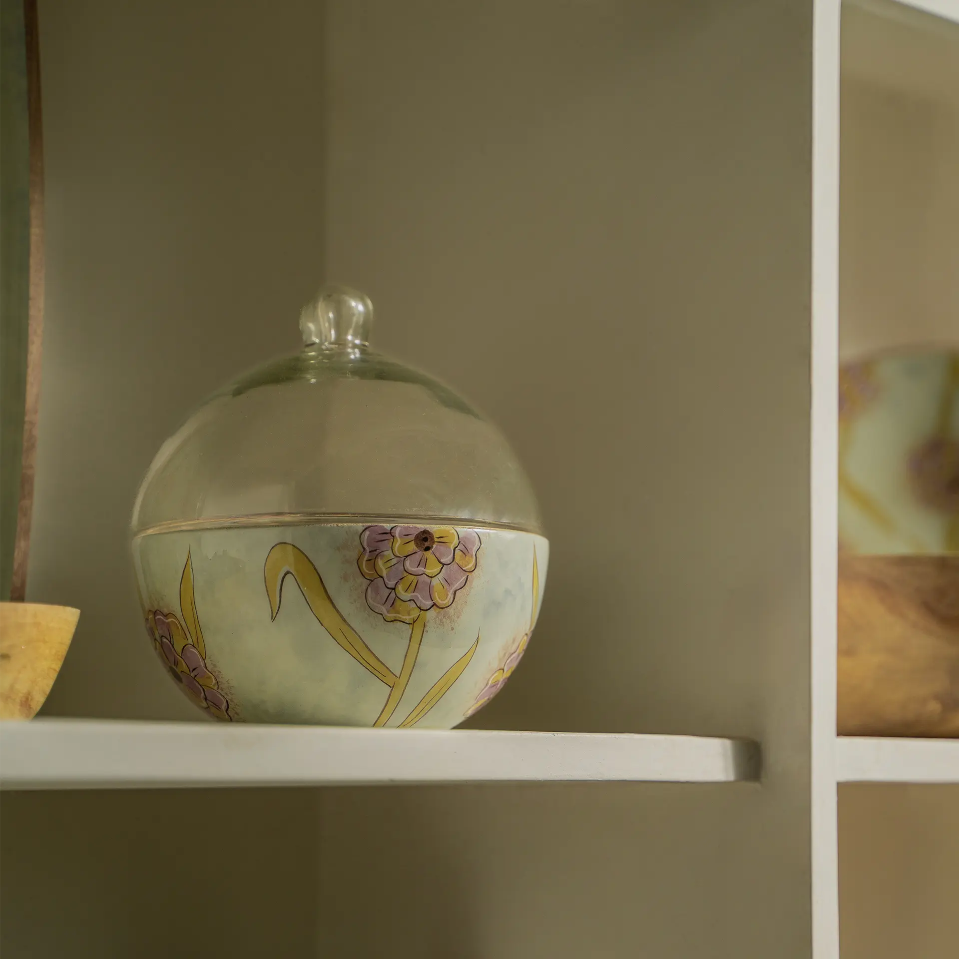 Handpainted Wooden Bowl with Glass Cloche