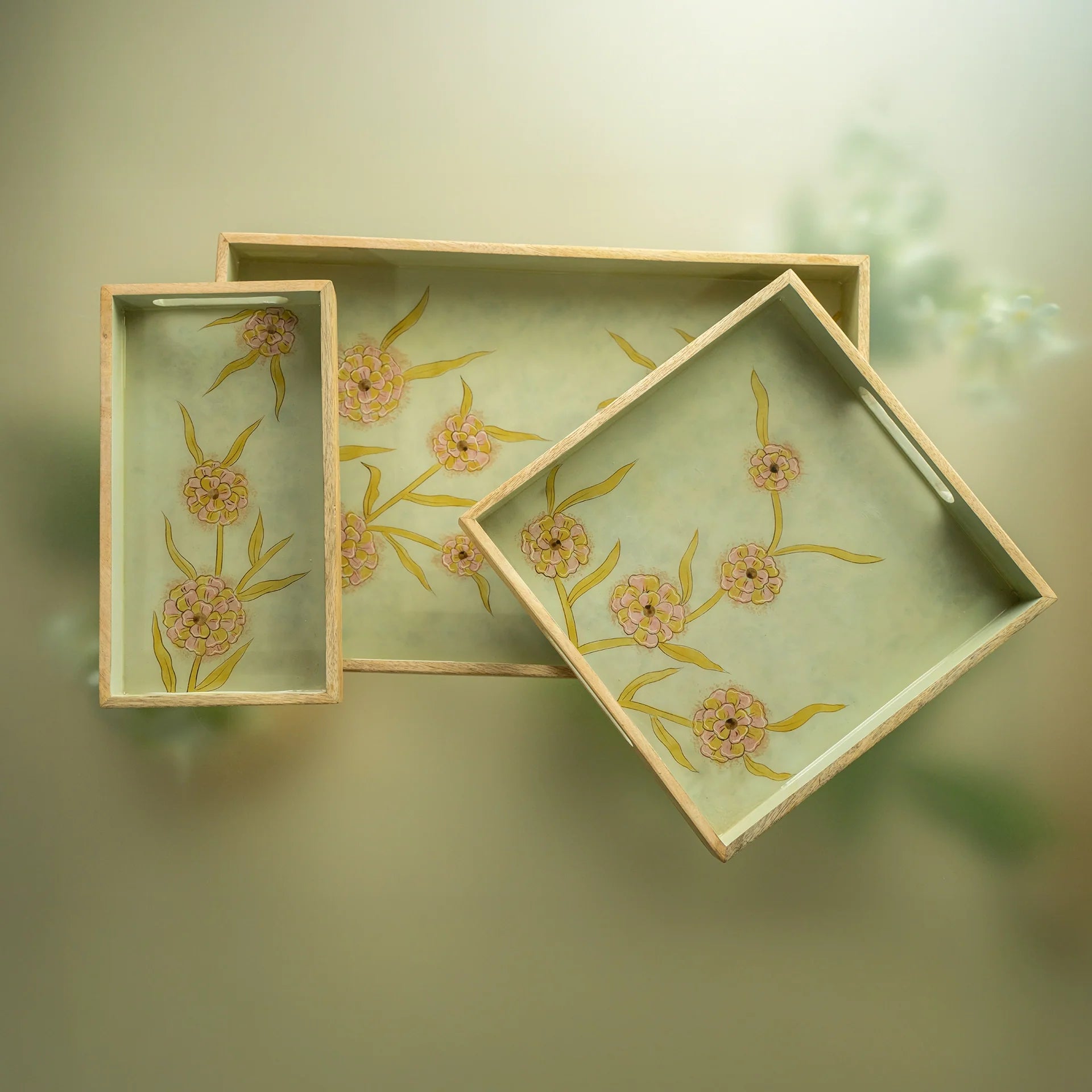 Handpainted Wooden Tray Set of 3