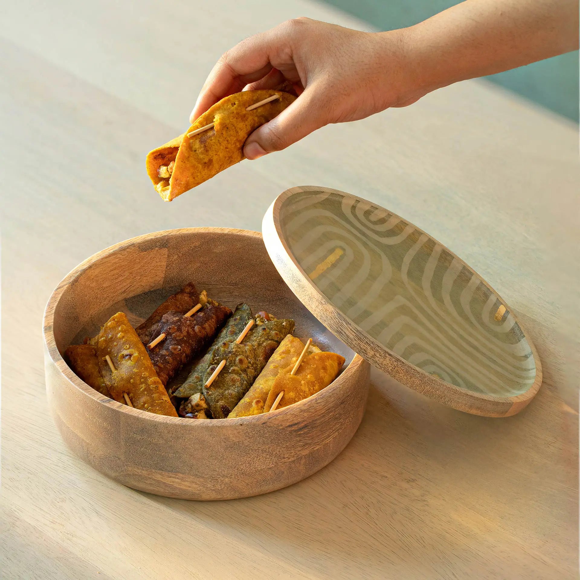 Striped Enamel Wooden Roti Box