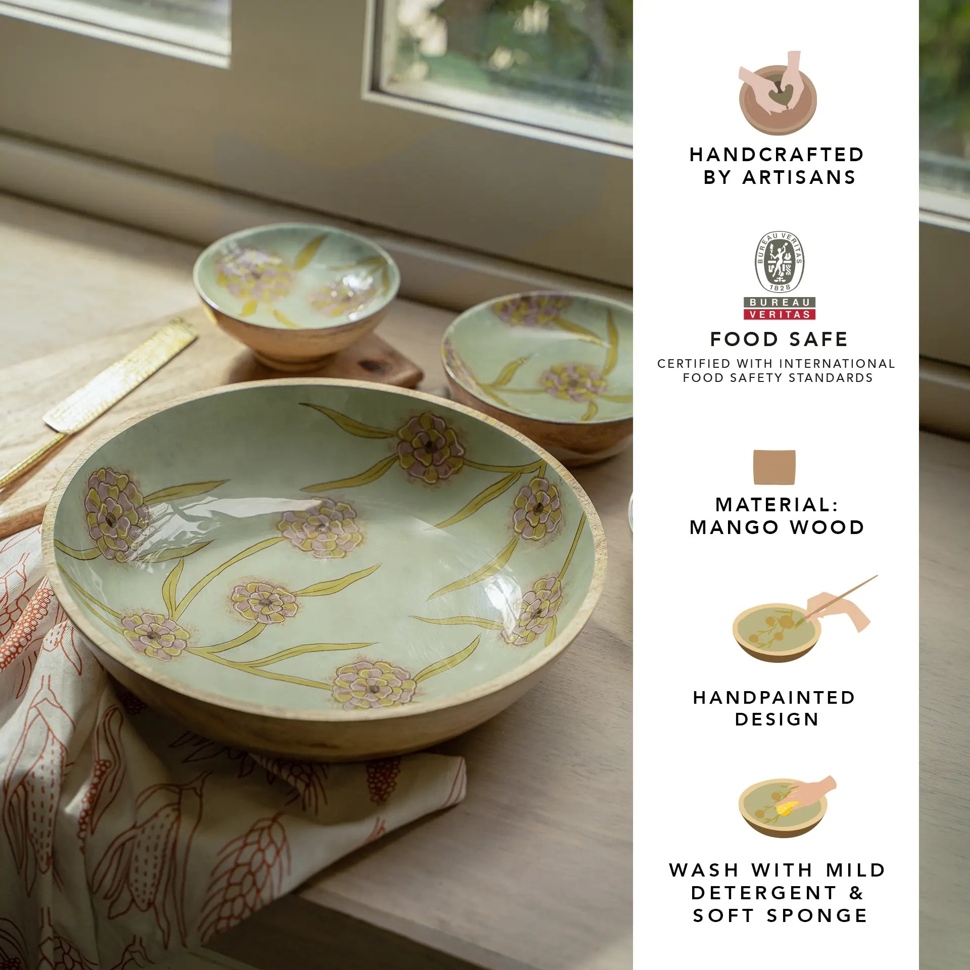 Handpainted Wooden Serving Bowl - Large