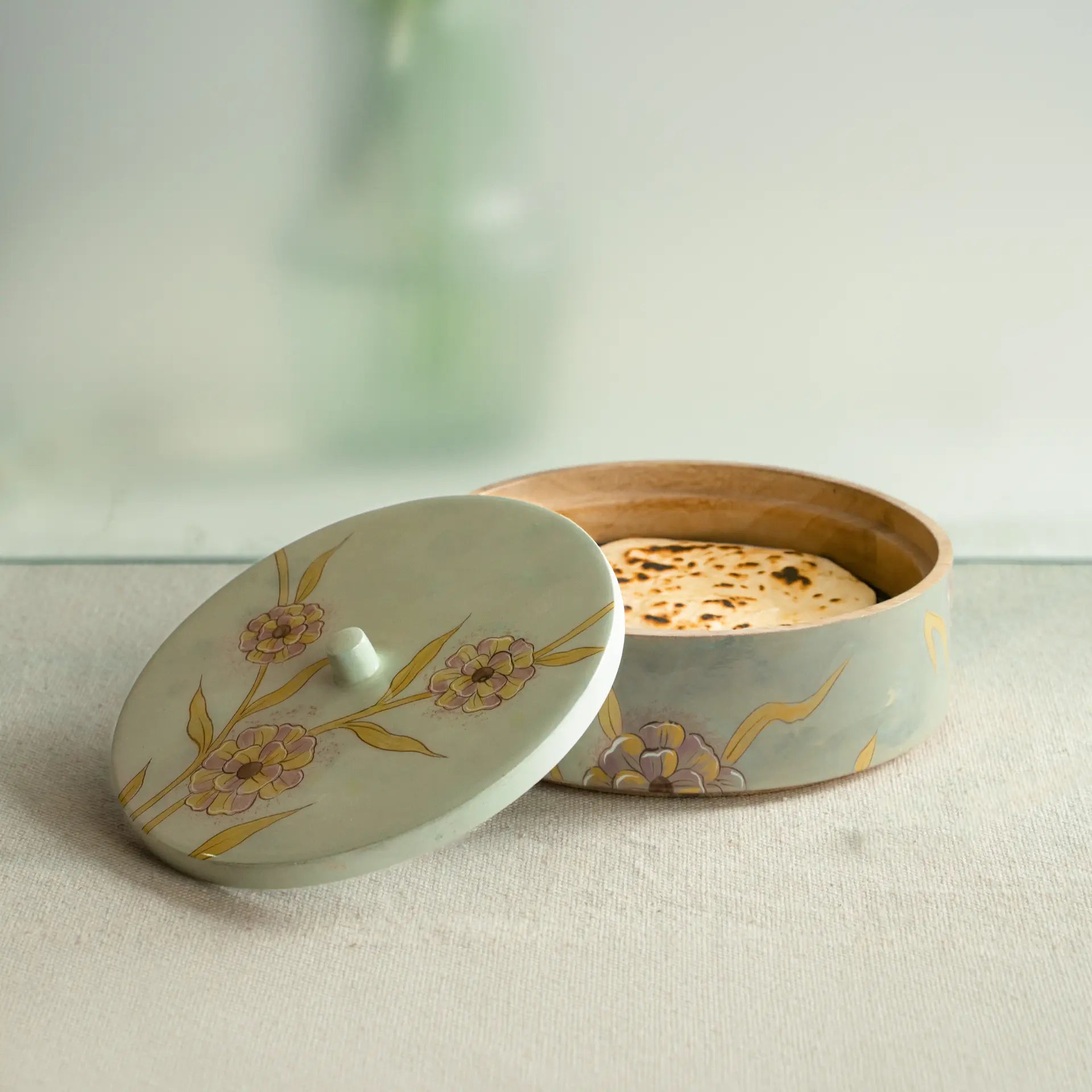 Handpainted Wooden Serving Bowl with Lid