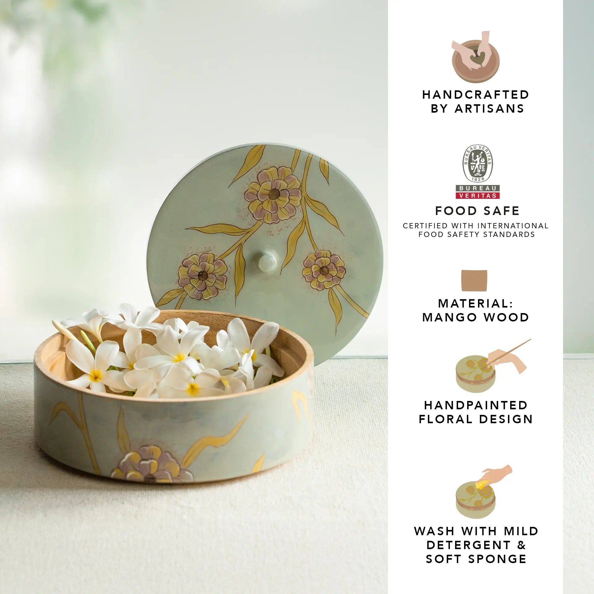 Handpainted Wooden Serving Bowl with Lid