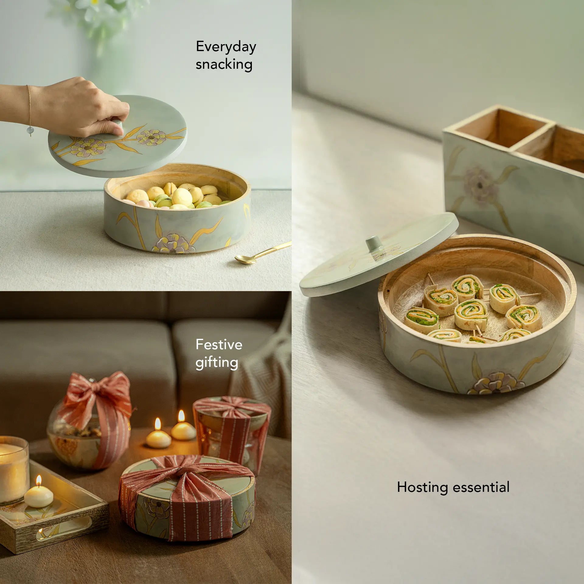 Handpainted Wooden Serving Bowl with Lid