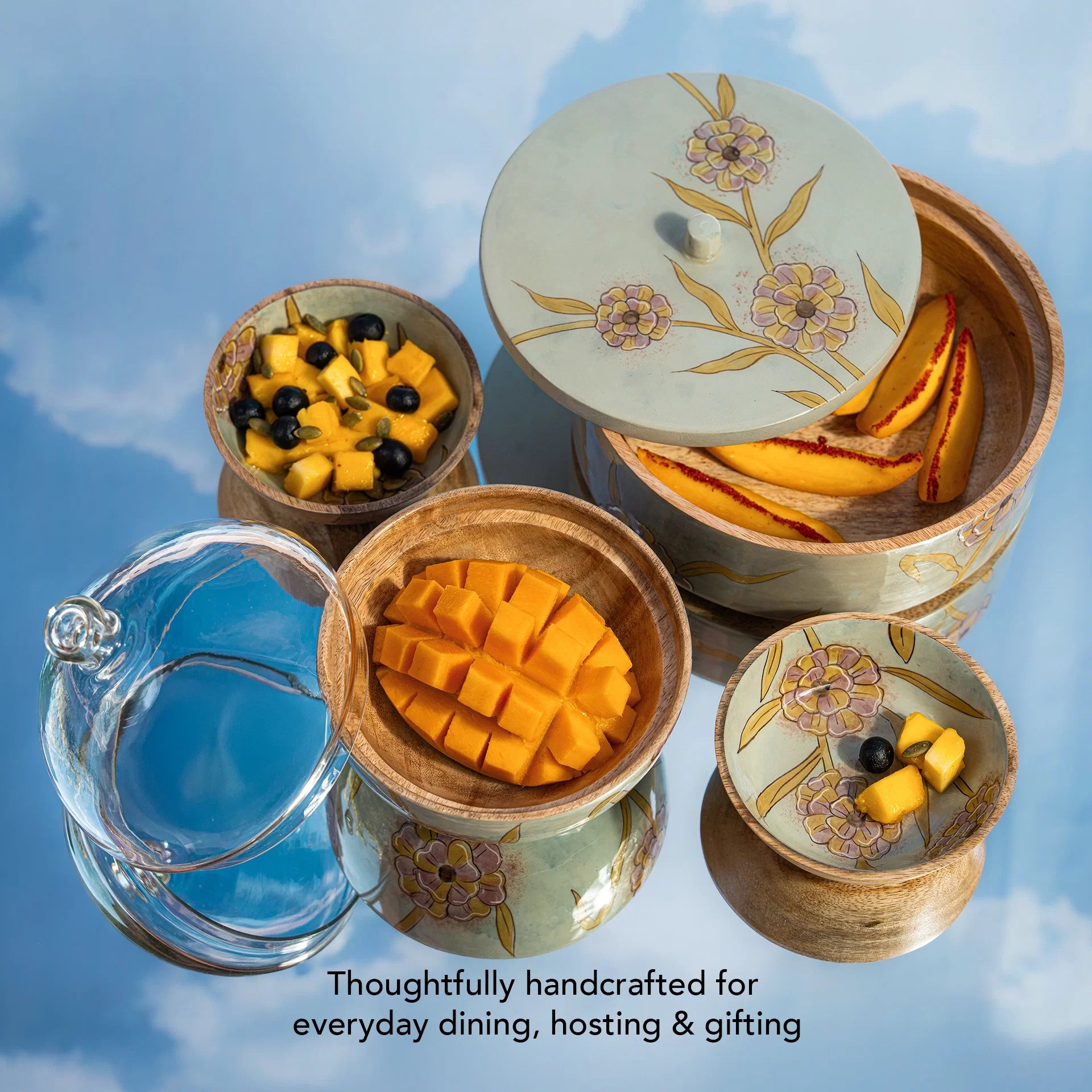 Handpainted Wooden Serving Bowl with Lid