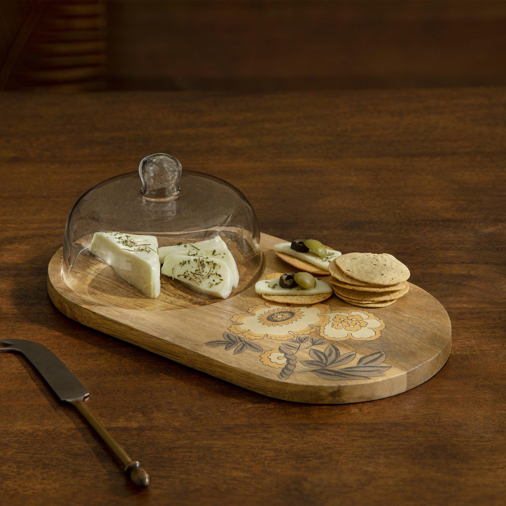 Handpainted Wooden Platter with Glass Cloche