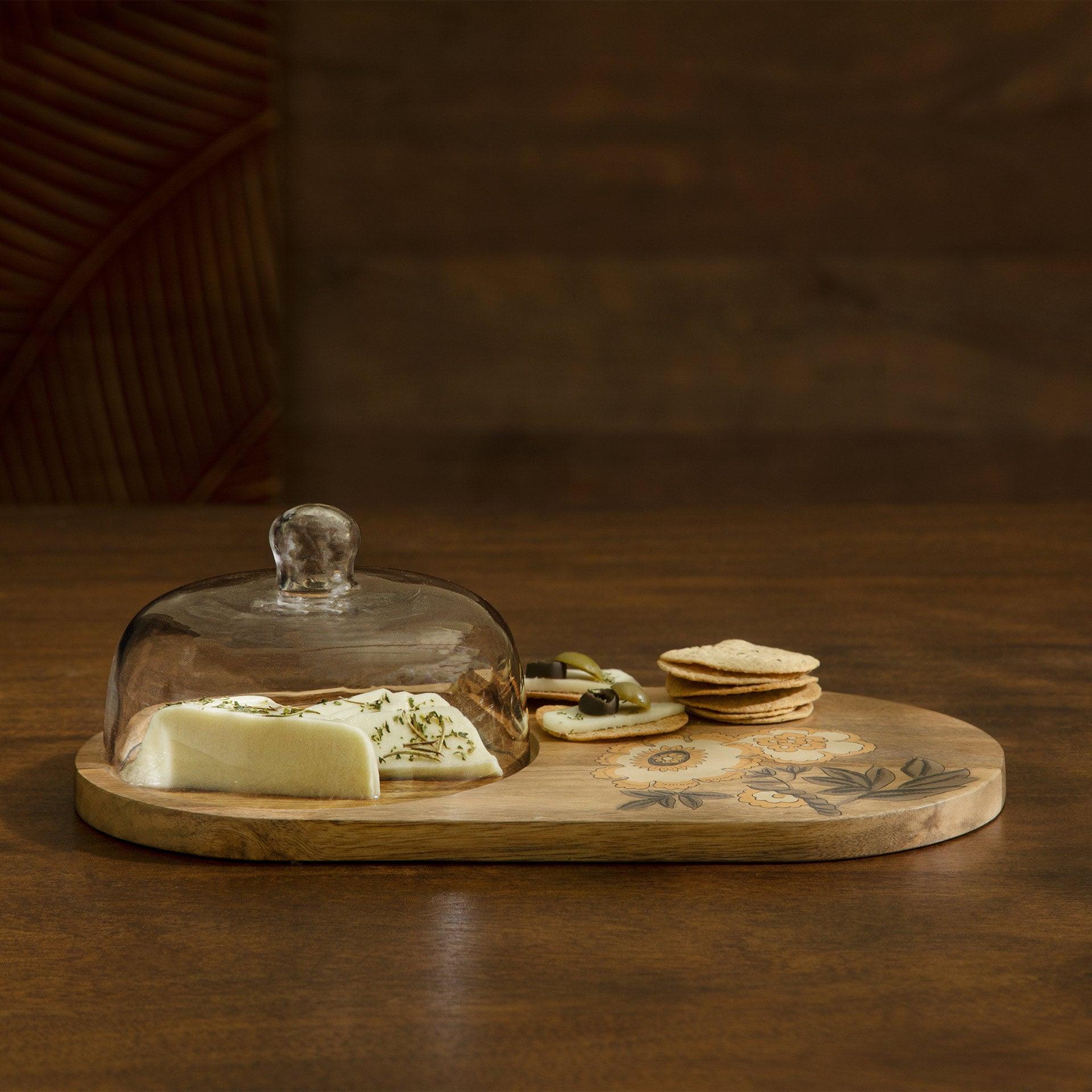 Handpainted Wooden Platter with Glass Cloche