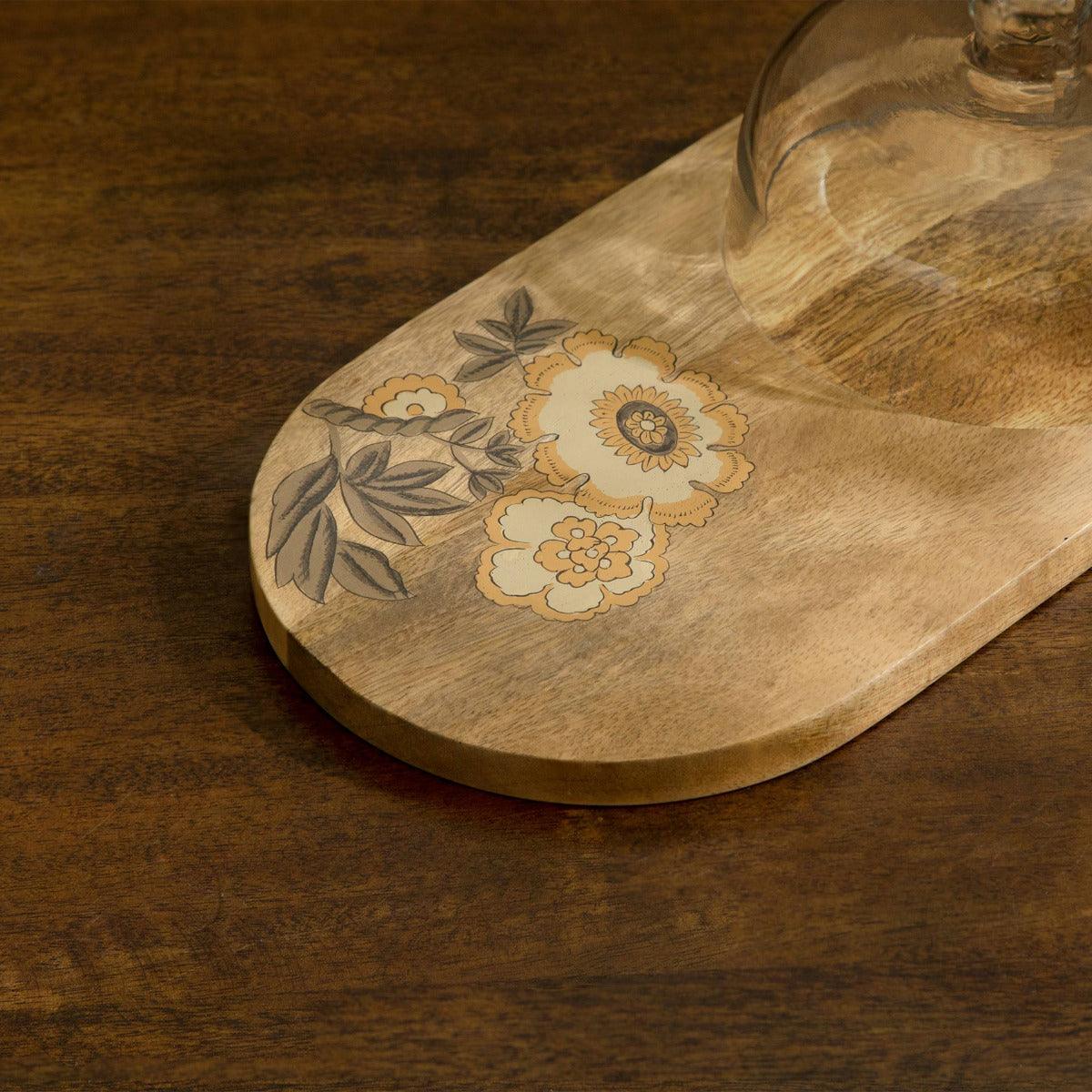 Handpainted Wooden Platter with Glass Cloche